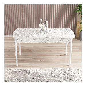 Ella Beyaz Mermer Desen 80x132 Mdf Açılabilir Mutfak Masası Takımı 4 Adet Sandalye Kahve