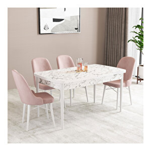 Ella Beyaz Mermer Desen 80x132 Mdf Açılabilir Mutfak Masası Takımı 4 Adet Sandalye Pembe