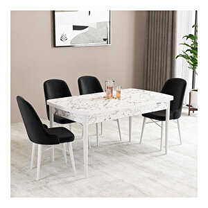 Ella Beyaz Mermer Desen 80x132 Mdf Açılabilir Mutfak Masası Takımı 4 Adet Sandalye Siyah