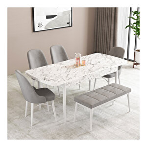 Ella Beyaz Mermer Desen 80x132 Mdf Açılabilir Mutfak Masası Takımı 4 Sandalye, 1 Bench Gri