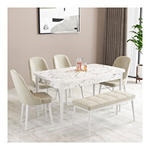 Ella Beyaz Mermer Desen 80x132 Mdf Açılabilir Mutfak Masası Takımı 4 Sandalye, 1 Bench Krem