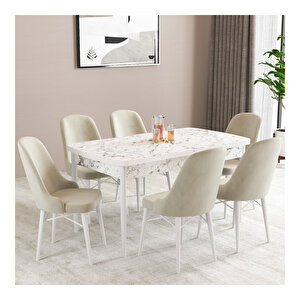 Ella Beyaz Mermer Desen 80x132 Mdf Açılabilir Mutfak Masası Takımı 6 Adet Sandalye Krem