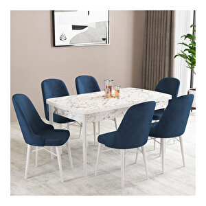 Ella Beyaz Mermer Desen 80x132 Mdf Açılabilir Mutfak Masası Takımı 6 Adet Sandalye Lacivert