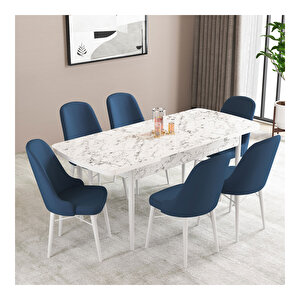 Ella Beyaz Mermer Desen 80x132 Mdf Açılabilir Mutfak Masası Takımı 6 Adet Sandalye Lacivert