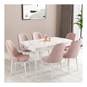 Ella Beyaz Mermer Desen 80x132 Mdf Açılabilir Mutfak Masası Takımı 6 Adet Sandalye Pembe