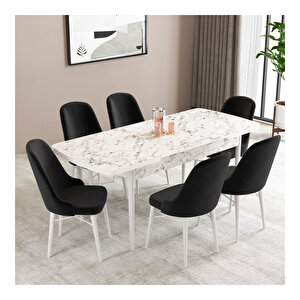Ella Beyaz Mermer Desen 80x132 Mdf Açılabilir Mutfak Masası Takımı 6 Adet Sandalye Siyah