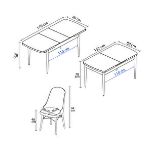 Ella Siyah Mermer Desen 80x132 Mdf Açılabilir Mutfak Masası Takımı 6 Adet Sandalye