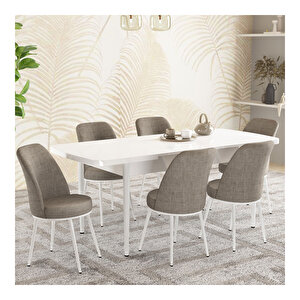 Fiona Beyaz 80x132 Mdf Açılabilir Mutfak Masası Takımı 6 Adet Sandalye Cappucino