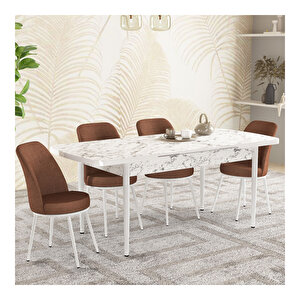 Fiona Beyaz Mermer Desen 80x132 Mdf Açılabilir Mutfak Masası Takımı 4 Adet Sandalye Kiremit