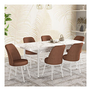 Fiona Beyaz Mermer Desen 80x132 Mdf Açılabilir Mutfak Masası Takımı 6 Adet Sandalye Kiremit