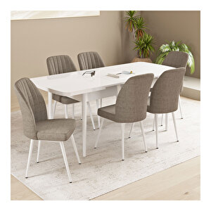 Floryn Beyaz 80x132 Mdf Açılabilir Mutfak Masası Takımı 6 Adet Sandalye Cappucino