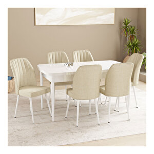 Floryn Beyaz 80x132 Mdf Açılabilir Mutfak Masası Takımı 6 Adet Sandalye Krem