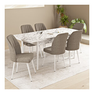 Floryn Beyaz Mermer Desen 80x132 Mdf Açılabilir Mutfak Masası Takımı 6 Adet Sandalye Cappucino