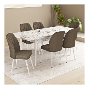 Floryn Beyaz Mermer Desen 80x132 Mdf Açılabilir Mutfak Masası Takımı 6 Adet Sandalye Kahve