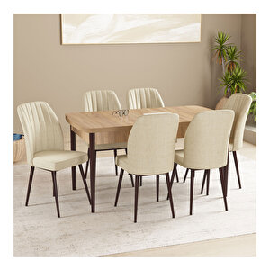 Floryn Meşe Desen 80x132 Mdf Açılabilir Mutfak Masası Takımı 6 Adet Sandalye Krem
