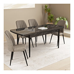 Floryn Siyah Mermer Desen 80x132 Mdf Açılabilir Mutfak Masası Takımı 4 Adet Sandalye Cappucino