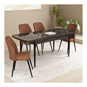 Floryn Siyah Mermer Desen 80x132 Mdf Açılabilir Mutfak Masası Takımı 4 Adet Sandalye Kiremit