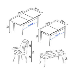 Laris Barok Desen 80x132 Mdf Açılabilir Mutfak Masası Takımı 4 Sandalye, 1 Bench