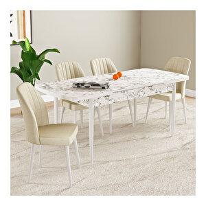 Laris Beyaz Mermer Desen 80x132 Mdf Açılabilir Mutfak Masası Takımı 4 Adet Sandalye Krem
