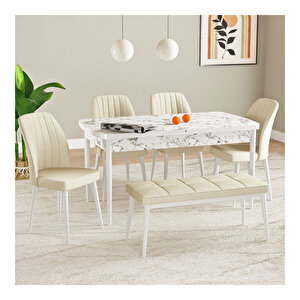Laris Beyaz Mermer Desen 80x132 Mdf Açılabilir Mutfak Masası Takımı 4 Sandalye, 1 Bench Krem