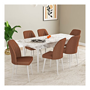 Laris Beyaz Mermer Desen 80x132 Mdf Açılabilir Mutfak Masası Takımı 6 Adet Sandalye