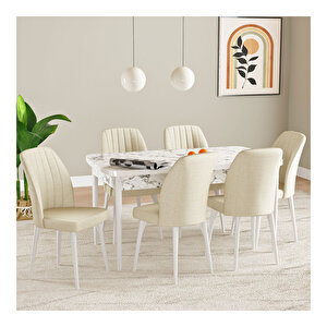 Laris Beyaz Mermer Desen 80x132 Mdf Açılabilir Mutfak Masası Takımı 6 Adet Sandalye Krem