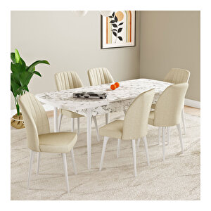 Laris Beyaz Mermer Desen 80x132 Mdf Açılabilir Mutfak Masası Takımı 6 Adet Sandalye Krem