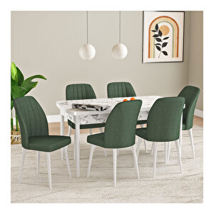 Laris Beyaz Mermer Desen 80x132 Mdf Açılabilir Mutfak Masası Takımı 6 Adet Sandalye Haki
