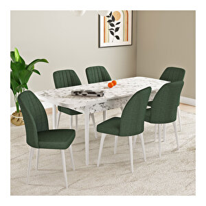 Laris Beyaz Mermer Desen 80x132 Mdf Açılabilir Mutfak Masası Takımı 6 Adet Sandalye Haki