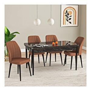 Laris Siyah Mermer Desen 80x132 Mdf Açılabilir Mutfak Masası Takımı 4 Adet Sandalye Kiremit