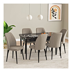 Laris Siyah Mermer Desen 80x132 Mdf Açılabilir Mutfak Masası Takımı 6 Adet Sandalye Cappucino