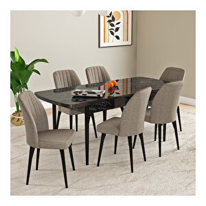 Laris Siyah Mermer Desen 80x132 Mdf Açılabilir Mutfak Masası Takımı 6 Adet Sandalye Cappucino