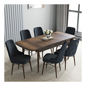 Loft Barok Desen 80x132 Mdf Açılabilir Mutfak Masası Takımı 6 Adet Sandalye Antrasit