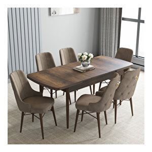 Loft Barok Desen 80x132 Mdf Açılabilir Mutfak Masası Takımı 6 Adet Sandalye Cappucino