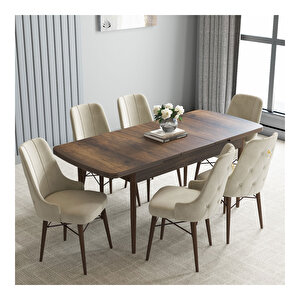 Loft Barok Desen 80x132 Mdf Açılabilir Mutfak Masası Takımı 6 Adet Sandalye Krem