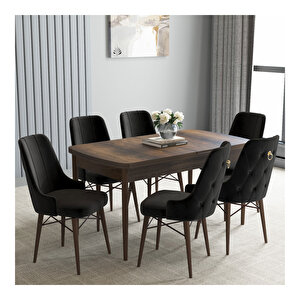 Loft Barok Desen 80x132 Mdf Açılabilir Mutfak Masası Takımı 6 Adet Sandalye Siyah