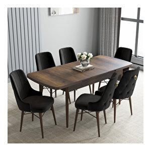 Loft Barok Desen 80x132 Mdf Açılabilir Mutfak Masası Takımı 6 Adet Sandalye Siyah