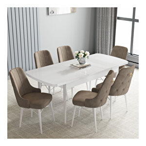 Loft Beyaz 80x132 Mdf Açılabilir Mutfak Masası Takımı 6 Adet Sandalye Cappucino