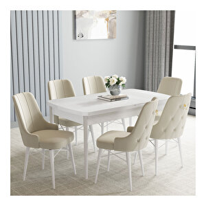 Loft Beyaz 80x132 Mdf Açılabilir Mutfak Masası Takımı 6 Adet Sandalye Krem