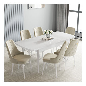 Loft Beyaz 80x132 Mdf Açılabilir Mutfak Masası Takımı 6 Adet Sandalye Krem