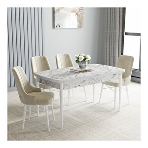 Loft Beyaz Mermer Desen 80x132 Mdf Açılabilir Mutfak Masası Takımı 4 Adet Sandalye Krem