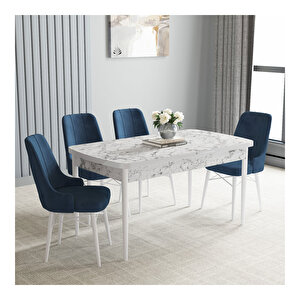 Loft Beyaz Mermer Desen 80x132 Mdf Açılabilir Mutfak Masası Takımı 4 Adet Sandalye Lacivert