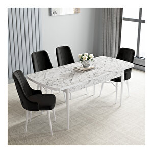 Loft Beyaz Mermer Desen 80x132 Mdf Açılabilir Mutfak Masası Takımı 4 Adet Sandalye Siyah