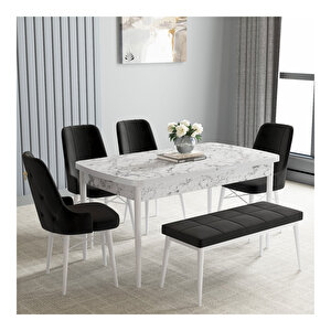 Loft Beyaz Mermer Desen 80x132 Mdf Açılabilir Mutfak Masası Takımı 4 Sandalye, 1 Bench Siyah