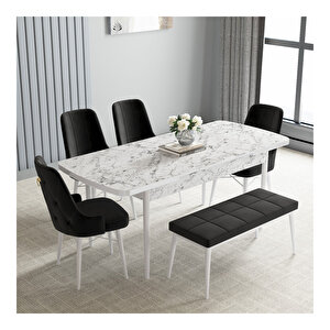 Loft Beyaz Mermer Desen 80x132 Mdf Açılabilir Mutfak Masası Takımı 4 Sandalye, 1 Bench Siyah