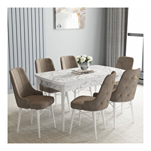 Loft Beyaz Mermer Desen 80x132 Mdf Açılabilir Mutfak Masası Takımı 6 Adet Sandalye Cappucino