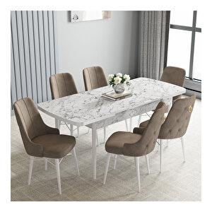 Loft Beyaz Mermer Desen 80x132 Mdf Açılabilir Mutfak Masası Takımı 6 Adet Sandalye Cappucino