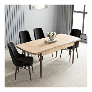 Loft Meşe Desen 80x132 Mdf Açılabilir Mutfak Masası Takımı 4 Adet Sandalye Siyah