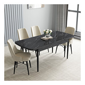 Loft Siyah Mermer Desen 80x132 Mdf Açılabilir Mutfak Masası Takımı 4 Adet Sandalye Krem