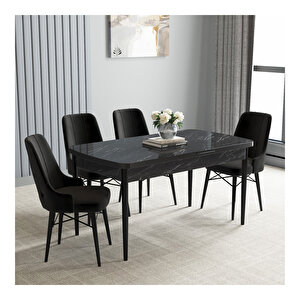 Loft Siyah Mermer Desen 80x132 Mdf Açılabilir Mutfak Masası Takımı 4 Adet Sandalye